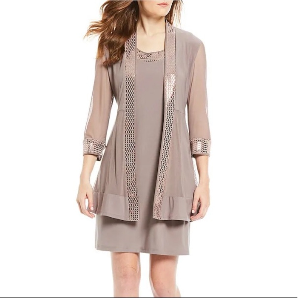 R & M Richards Petite 2-Piece Metallic Trim Jacket Dress size 14P